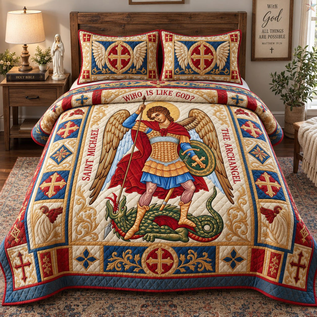 Saint Michael Protector quilted 3-piece bedding set on a made bed with two matching pillow shams