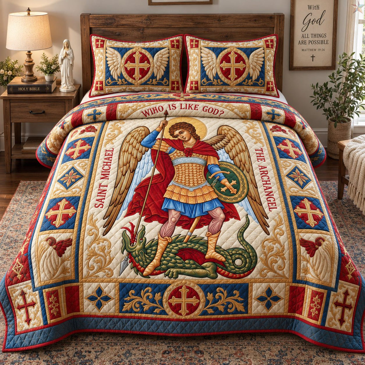 Saint Michael Protector quilted 3-piece bedding set on a made bed with two matching pillow shams