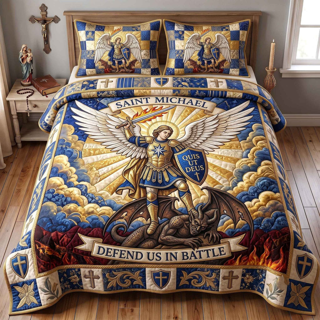 Saint Michael Rays quilted 3-piece bedding set on a made bed with two matching pillow shams