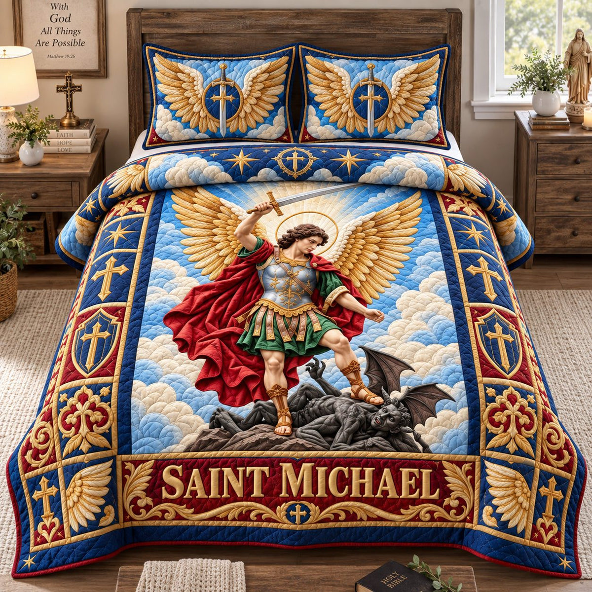 Saint Michael Sky Defender quilted 3-piece bedding set on a made bed with two matching pillow shams