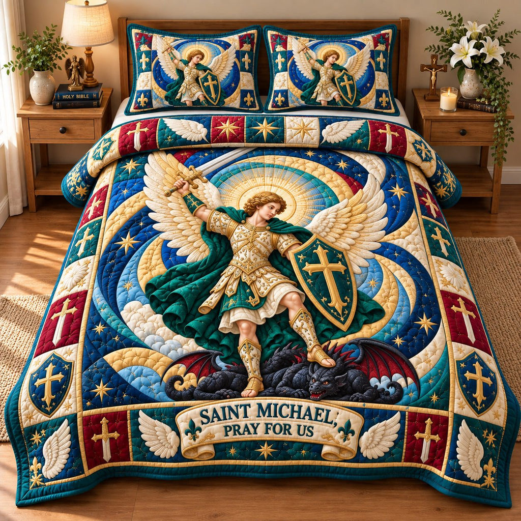 Saint Michael Strength quilted 3-piece bedding set on a made bed with two matching pillow shams