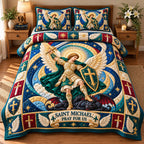 Saint Michael Strength quilted 3-piece bedding set on a made bed with two matching pillow shams