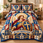 Saint Michael Victory quilted 3-piece bedding set on a made bed with two matching pillow shams