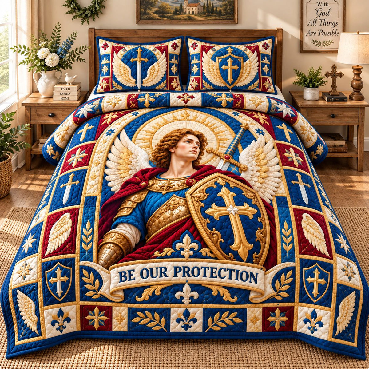 Saint Michael Victory quilted 3-piece bedding set on a made bed with two matching pillow shams