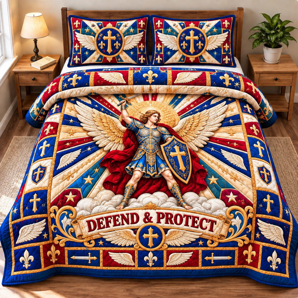 Saint Michael Warrior quilted 3-piece bedding set on a made bed with two matching pillow shams