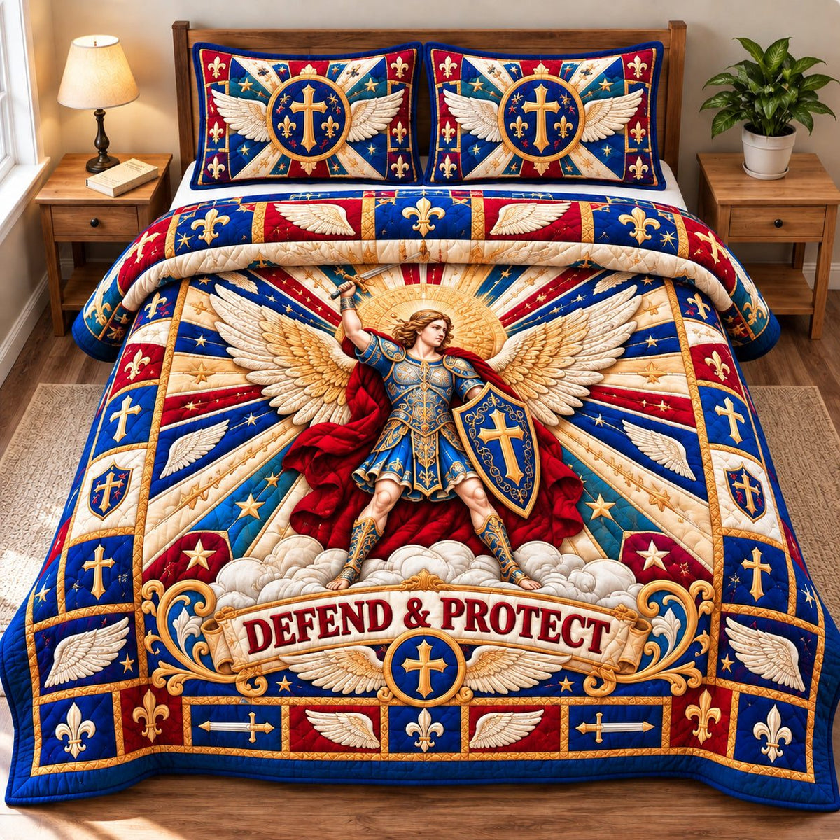 Saint Michael Warrior quilted 3-piece bedding set on a made bed with two matching pillow shams