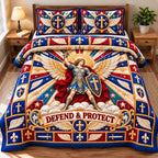 Saint Michael Warrior quilted 3-piece bedding set on a made bed with two matching pillow shams