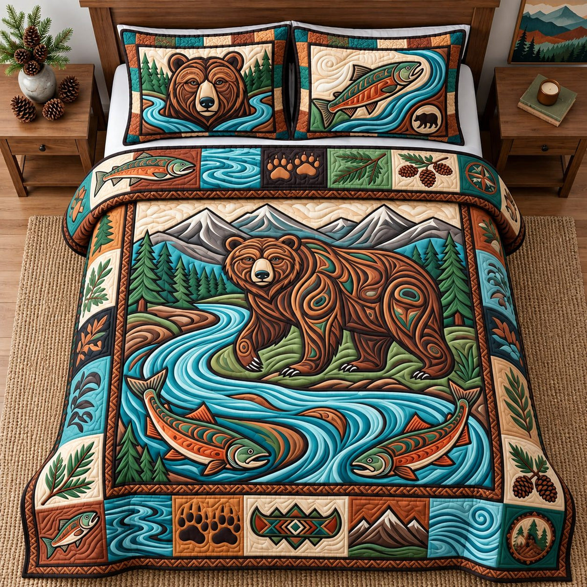 Salmon River Bear quilted 3-piece bedding set on a made bed with two matching pillow shams