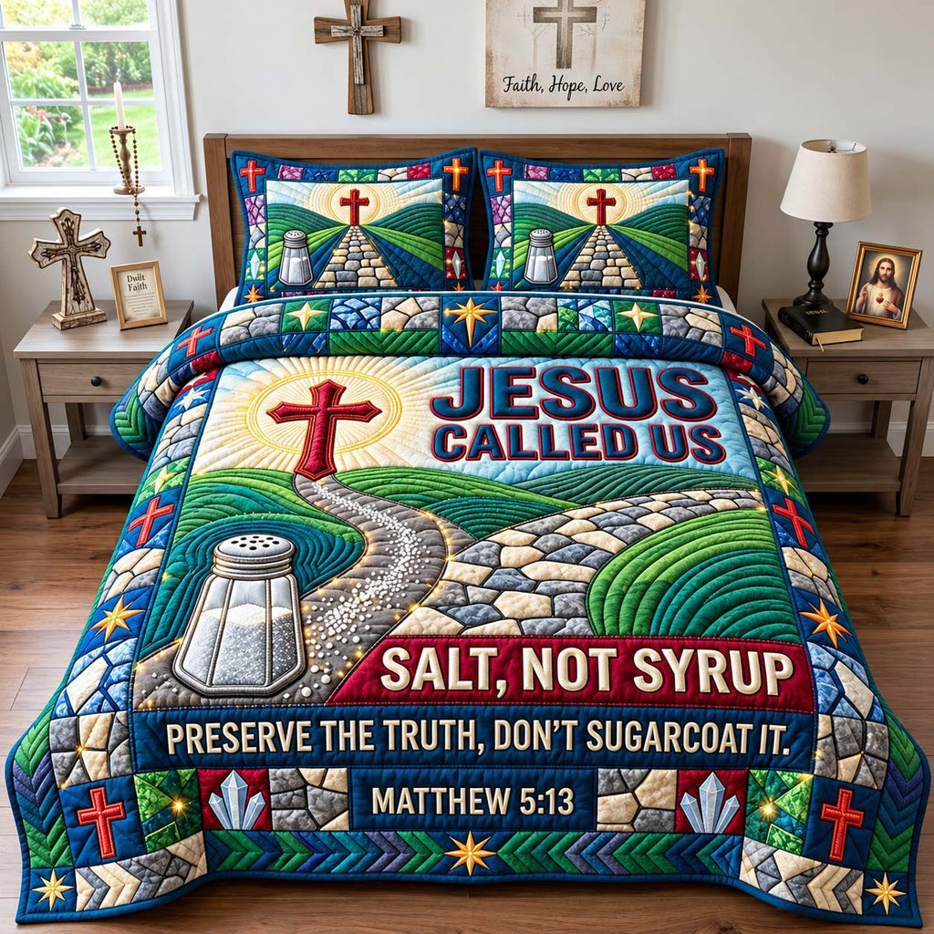 Salt Not Syrup quilted 3-piece bedding set on a made bed with two matching pillow shams