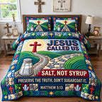 Salt Not Syrup quilted 3-piece bedding set on a made bed with two matching pillow shams
