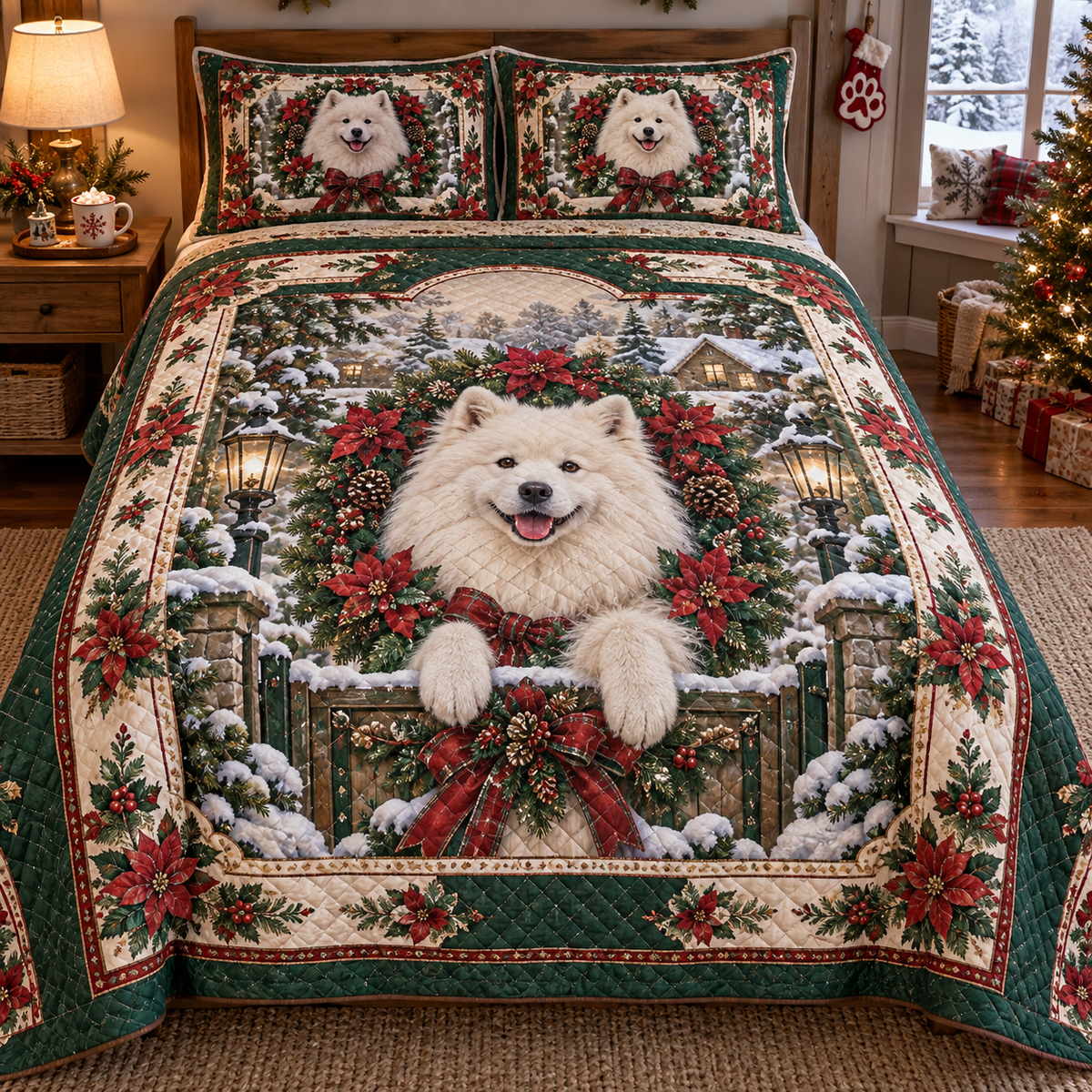 Samoyed Christmas 3-Piece Quilted Bedding Set — digital product visualization