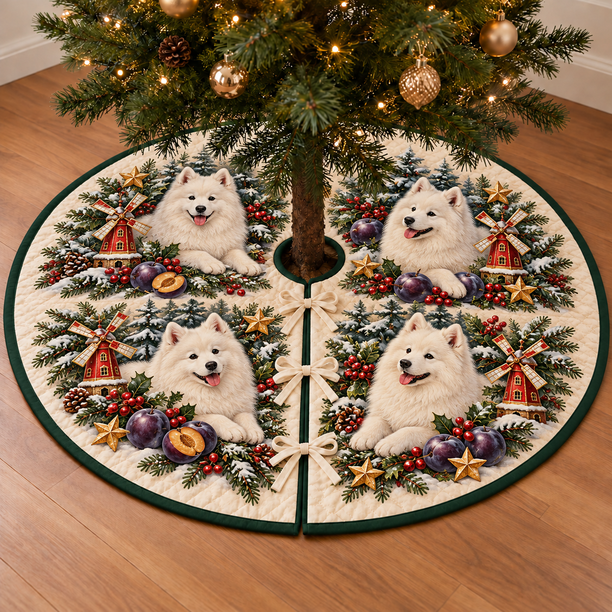 Samoyed Plum Toy Windmill printed Christmas circular tree skirt; design mockup showing a flat printed depth effect.