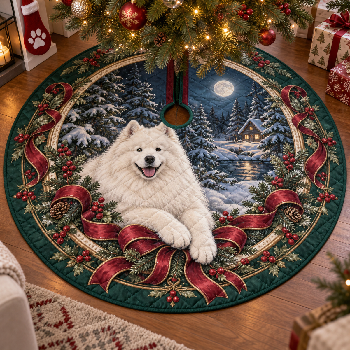 Samoyed Quilted Christmas Tree Skirt — digital product visualization