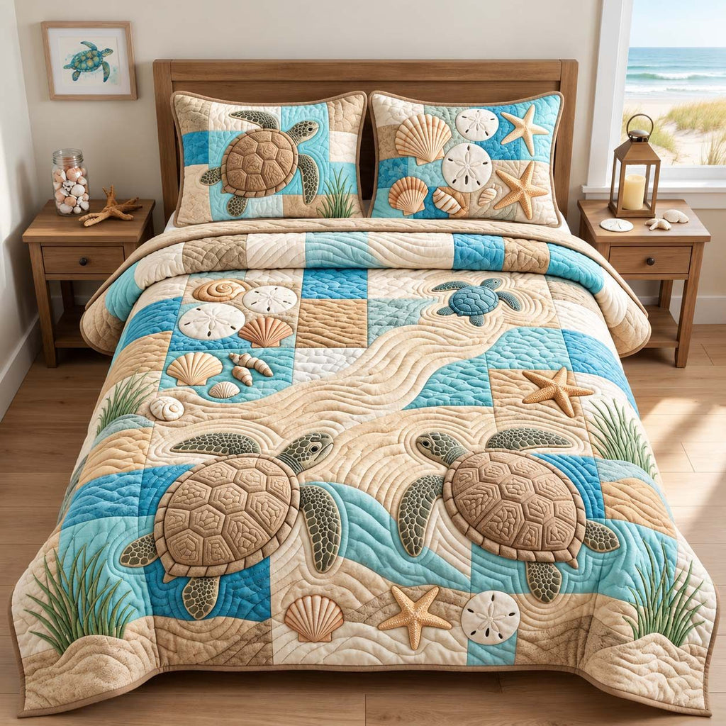 Sandy Shore Turtles quilted 3-piece bedding set on a made bed in a light coastal bedroom