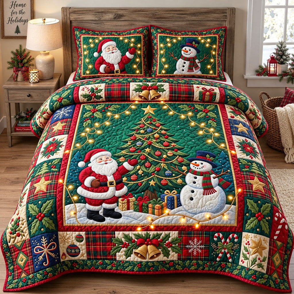 Santa And Snowman Christmas quilted 3-piece bedding set on a made bed in a winter-styled bedroom