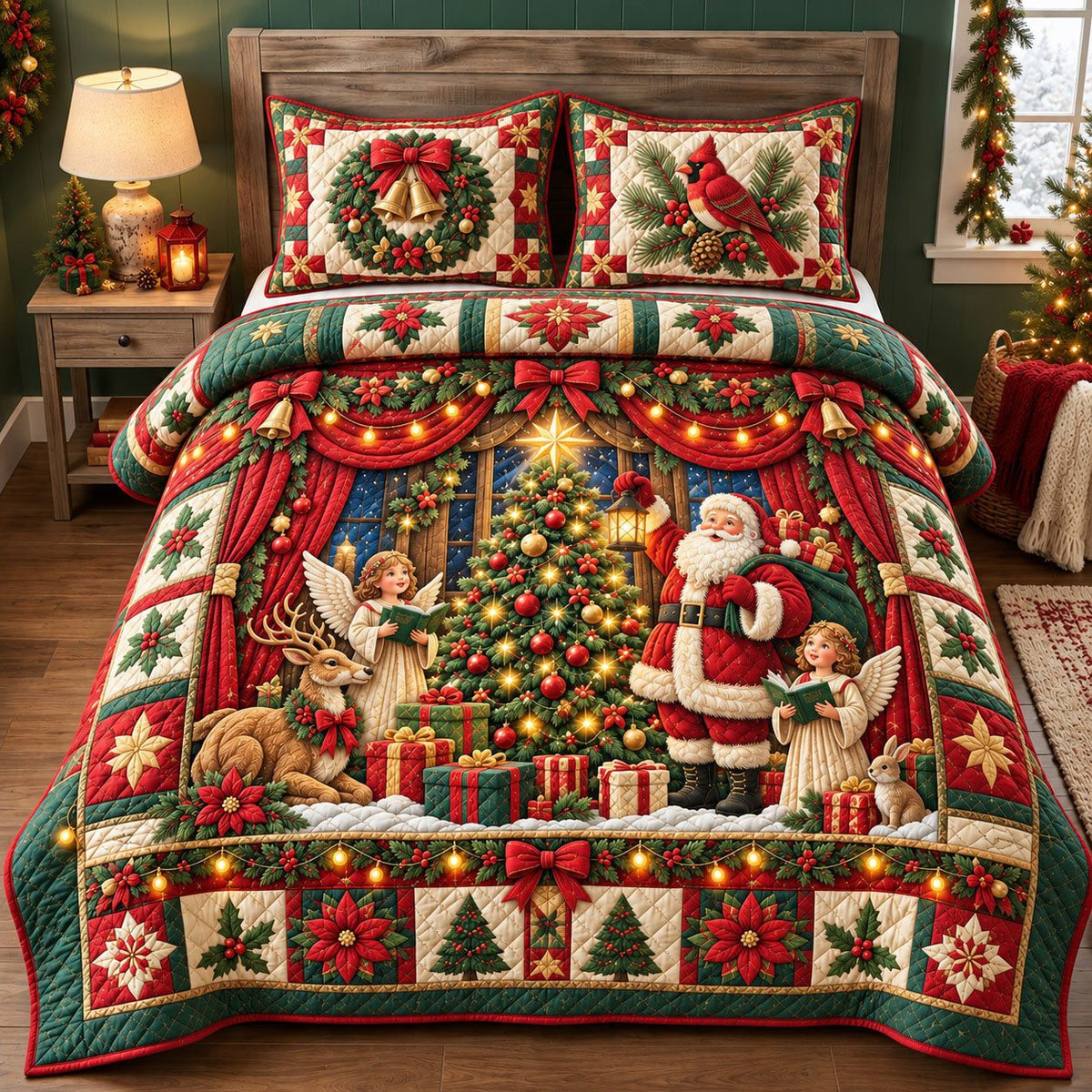 Santa Angel Christmas quilted 3-piece bedding set on a made bed in a winter-styled bedroom