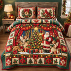 Santa Angel Christmas quilted 3-piece bedding set on a made bed in a winter-styled bedroom