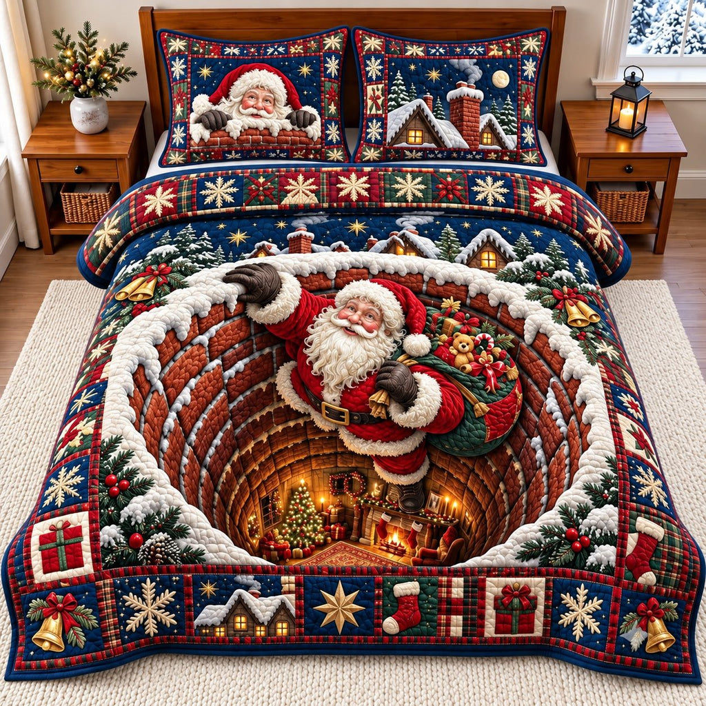 Santa Chimney quilted 3-piece bedding set on a made bed in a winter-styled bedroom