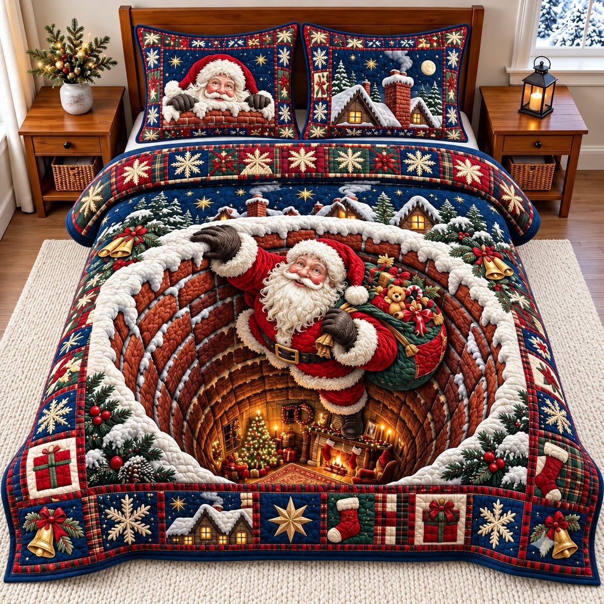 Santa Chimney quilted 3-piece bedding set on a made bed in a winter-styled bedroom