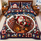 Santa Chimney quilted 3-piece bedding set on a made bed in a winter-styled bedroom