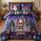Santa Christmas Castle quilted 3-piece bedding set on a made bed in a winter-styled bedroom