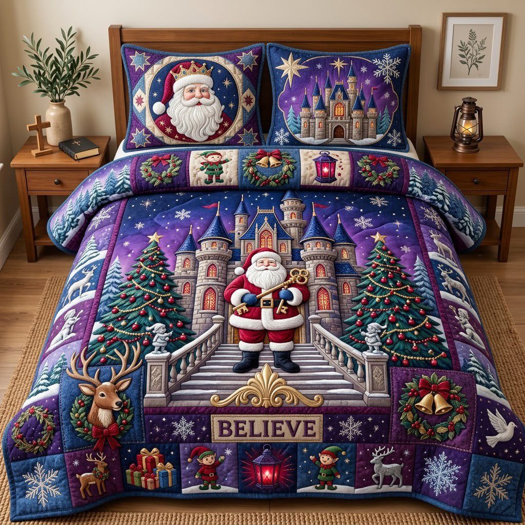 Santa Christmas Castle quilted 3-piece bedding set on a made bed in a winter-styled bedroom