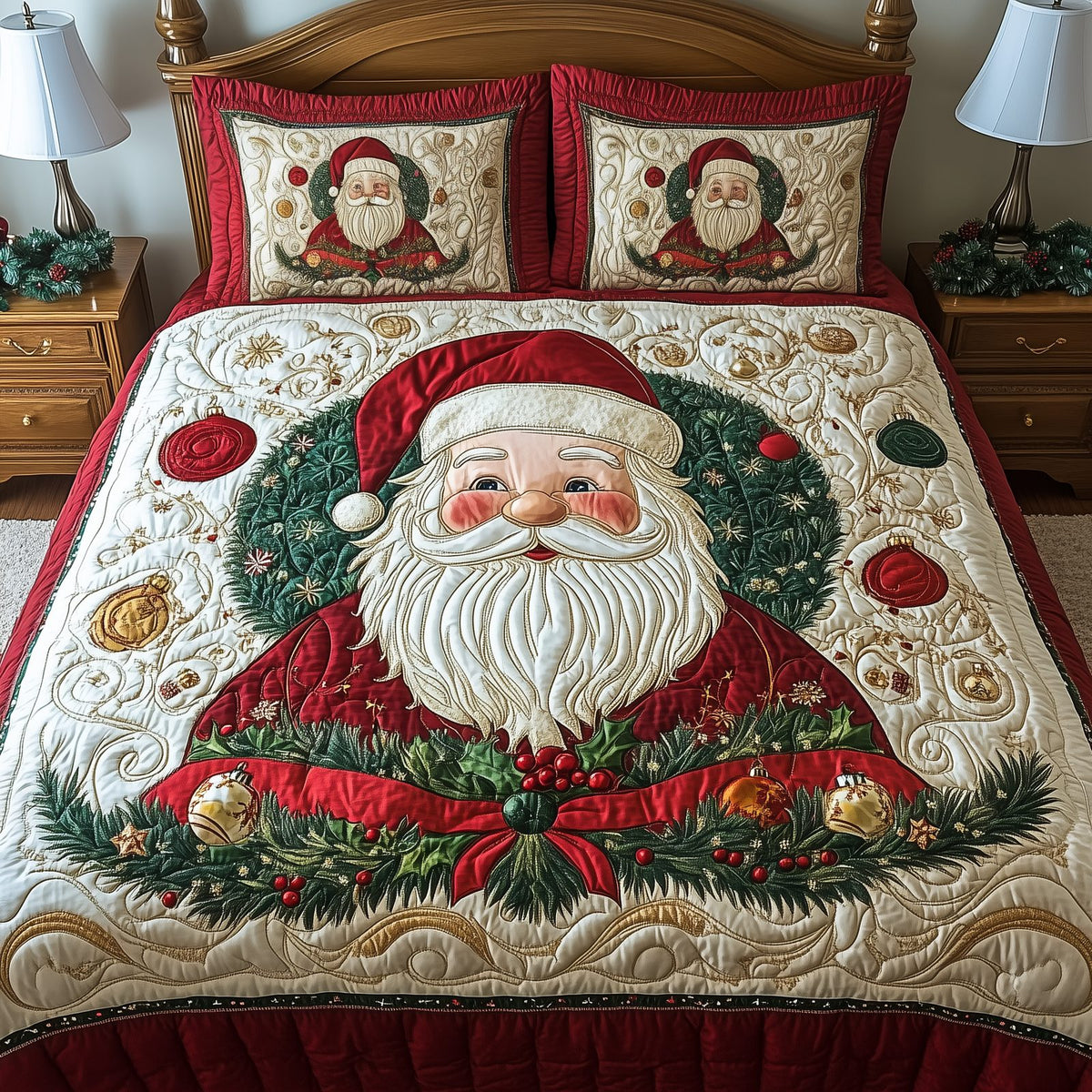 Santa Christmas Cheer Squares quilted 3-piece bedding set on a made bed in a winter-styled bedroom