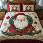 Santa Christmas Cheer Squares quilted 3-piece bedding set on a made bed in a winter-styled bedroom