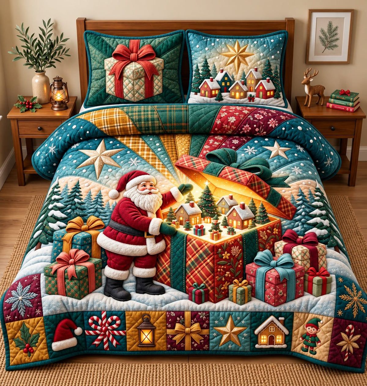 Santa Christmas Gift Box quilted 3-piece bedding set on a made bed in a winter-styled bedroom