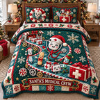 Santa Christmas Medical Crew quilted 3-piece bedding set on a made bed in a winter-styled bedroom
