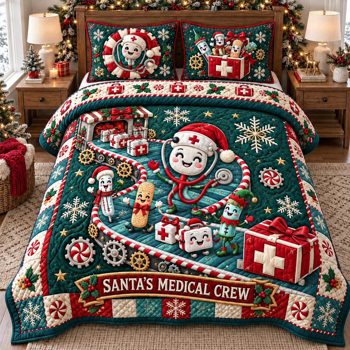 Santa Christmas Medical Crew quilted 3-piece bedding set on a made bed in a winter-styled bedroom