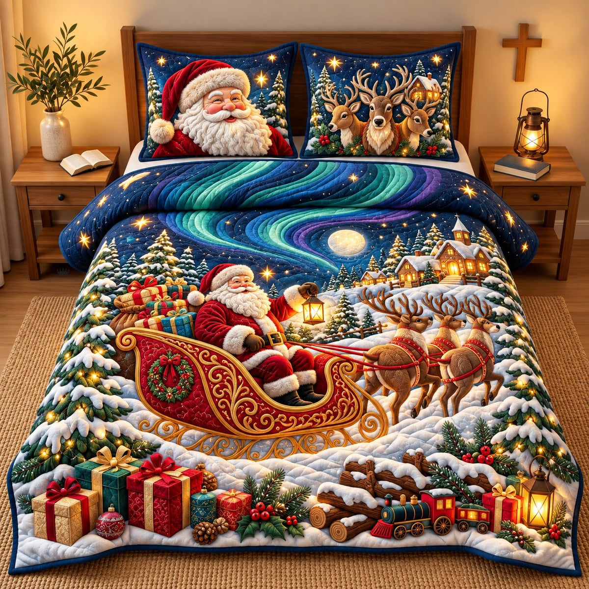 Santa Christmas Sleigh quilted 3-piece bedding set on a made bed in a winter-styled bedroom