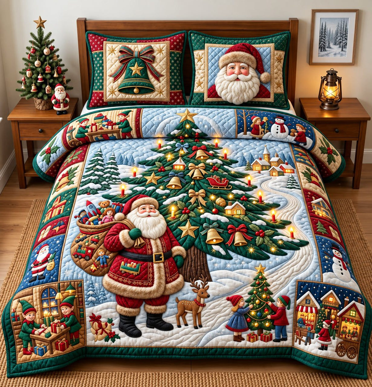 Santa Christmas Tree quilted 3-piece bedding set on a made bed in a winter-styled bedroom