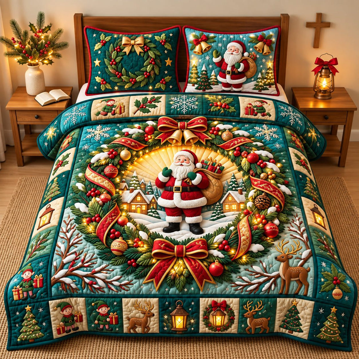 Santa Christmas Wreath quilted 3-piece bedding set on a made bed in a winter-styled bedroom