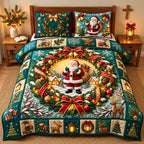 Santa Christmas Wreath quilted 3-piece bedding set on a made bed in a winter-styled bedroom