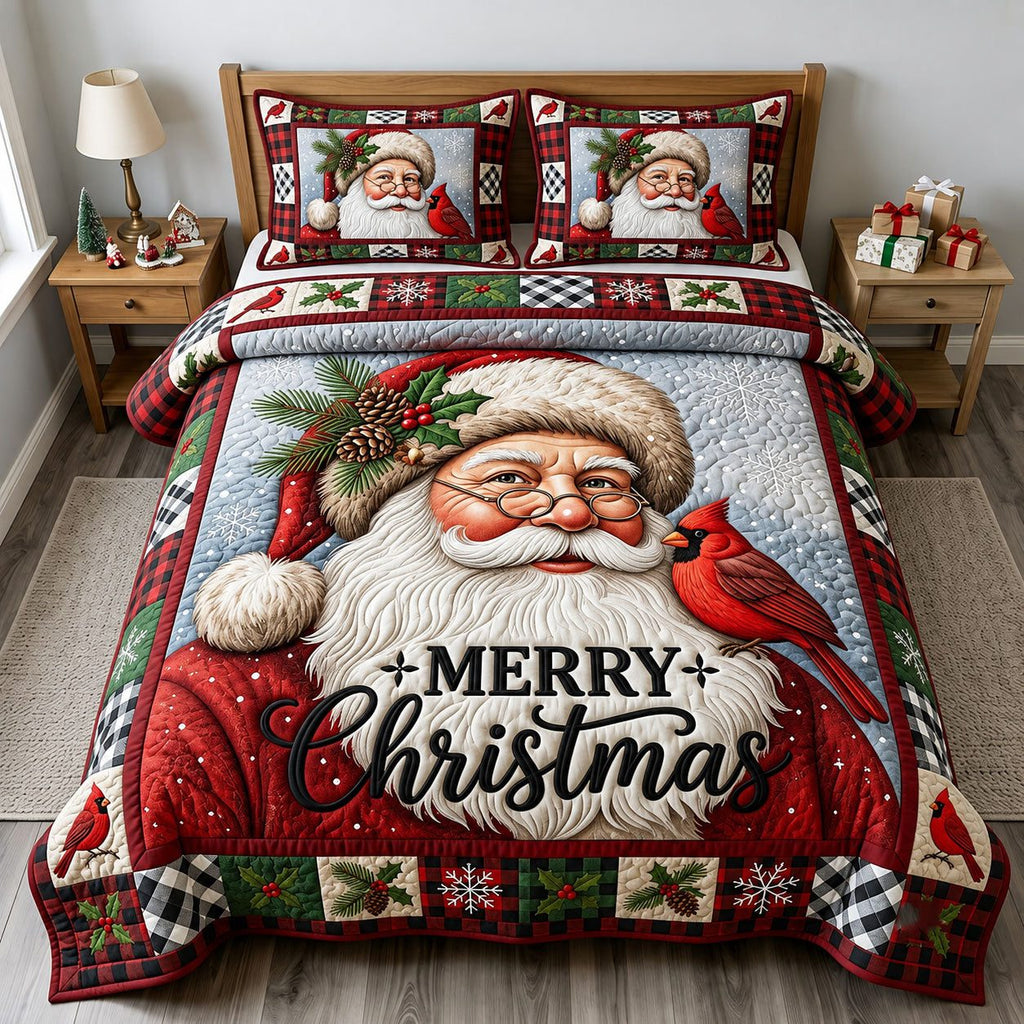 Santa Claus Cardinal quilted 3-piece bedding set on a made bed in a winter-styled bedroom