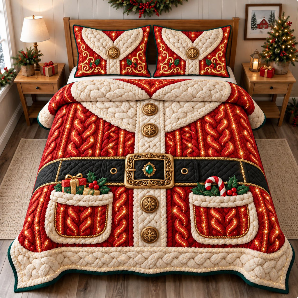 Santa Claus Costume quilted 3-piece bedding set on a made bed in a winter-styled bedroom