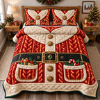 Santa Claus Costume quilted 3-piece bedding set on a made bed in a winter-styled bedroom