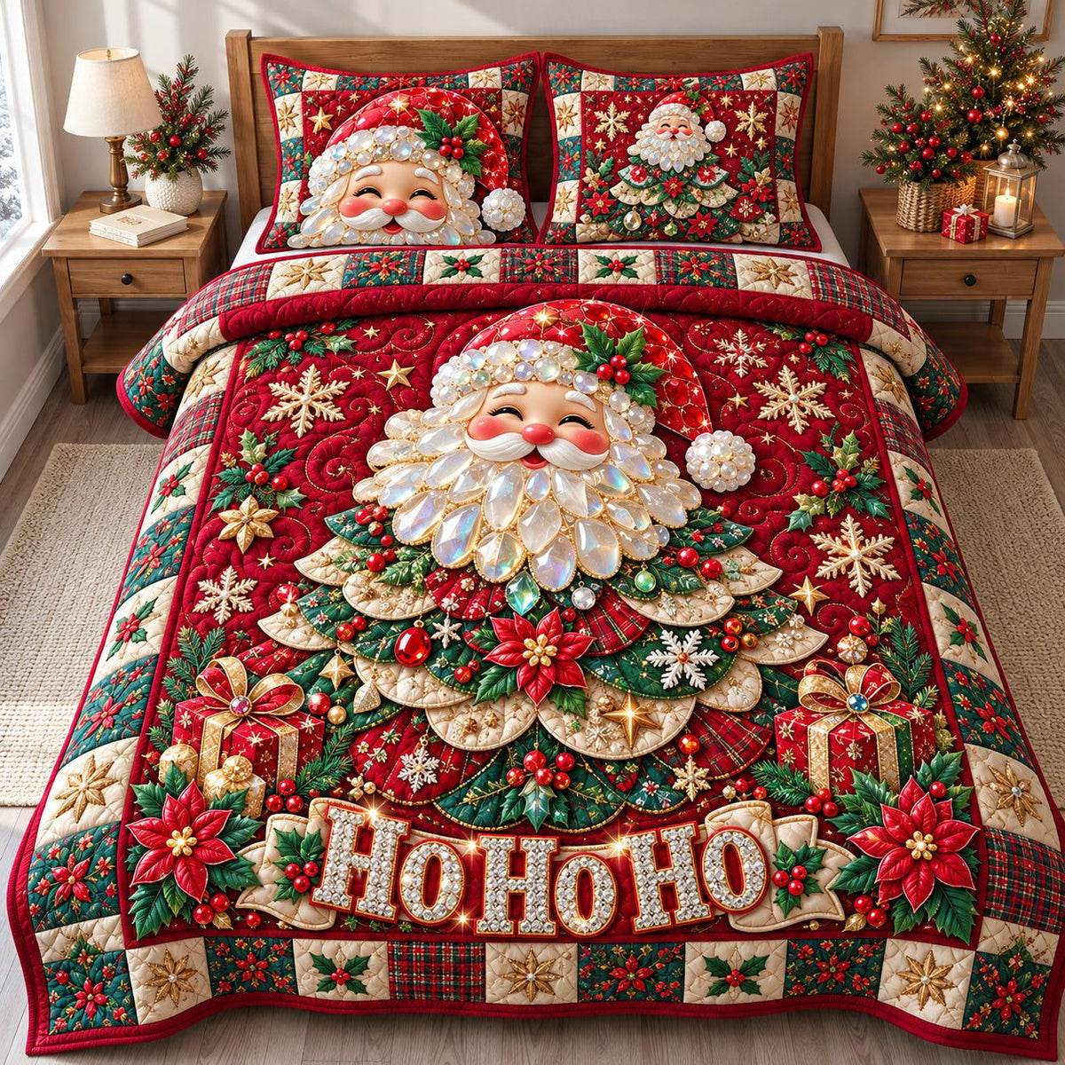 Santa Claus Delights quilted 3-piece bedding set on a made bed in a winter-styled bedroom