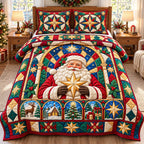 Santa Claus Festivity quilted 3-piece bedding set on a made bed in a winter-styled bedroom