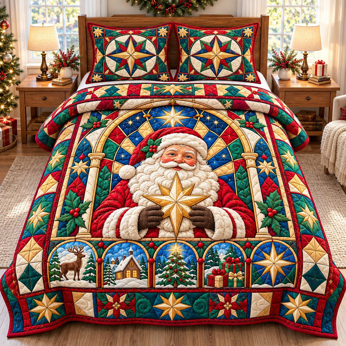 Santa Claus Festivity quilted 3-piece bedding set on a made bed in a winter-styled bedroom