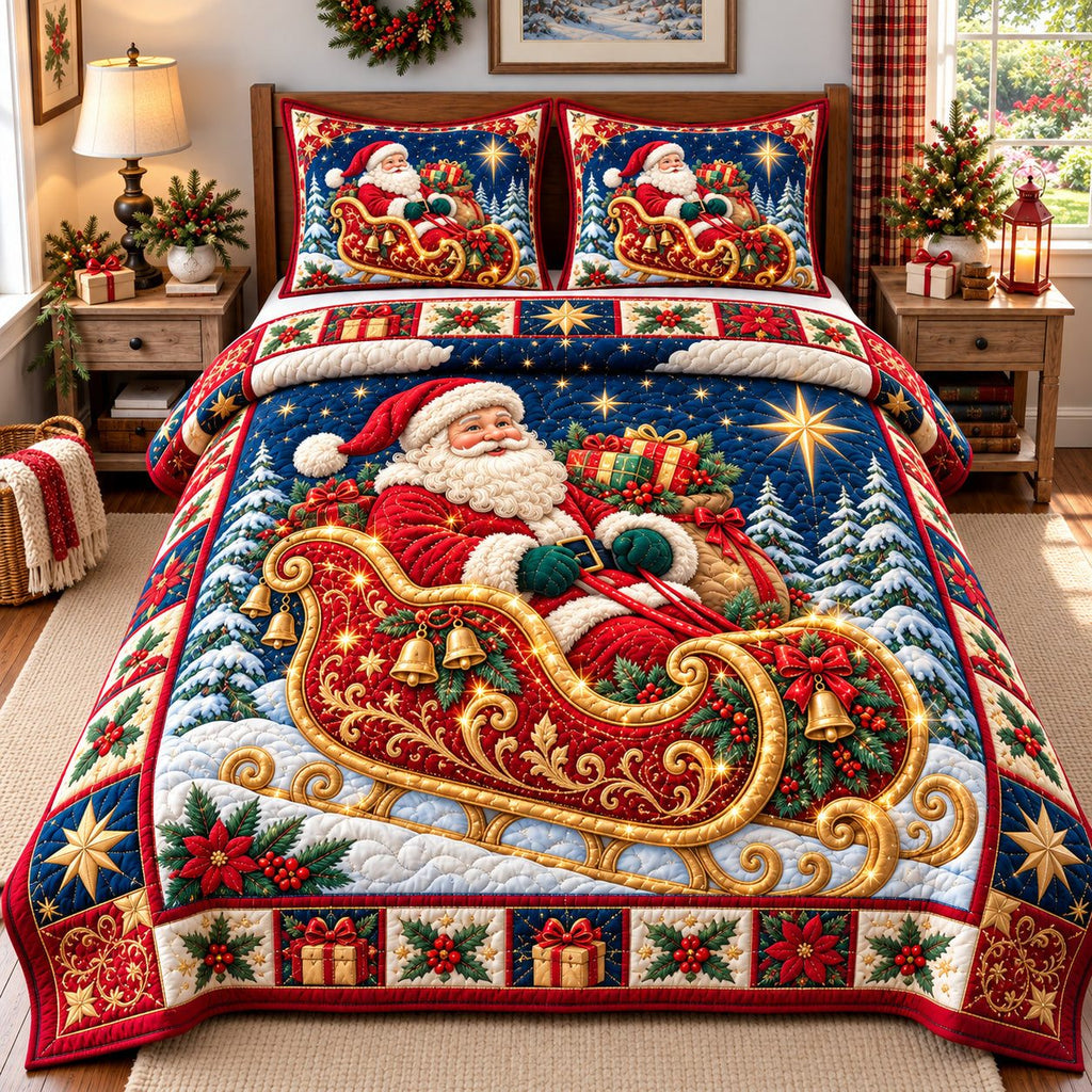 Santa Claus Joyfulness quilted 3-piece bedding set on a made bed in a winter-styled bedroom