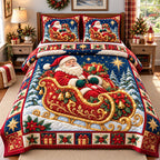 Santa Claus Joyfulness quilted 3-piece bedding set on a made bed in a winter-styled bedroom
