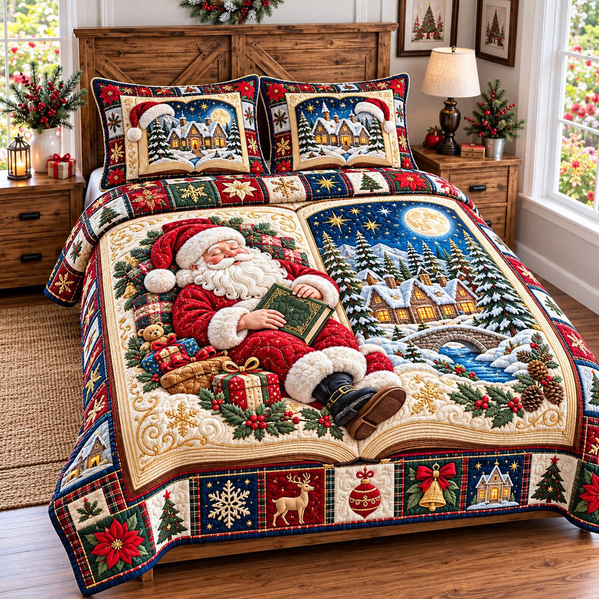 Santa Claus Story quilted 3-piece bedding set on a made bed in a winter-styled bedroom