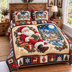 Santa Claus Story quilted 3-piece bedding set on a made bed in a winter-styled bedroom