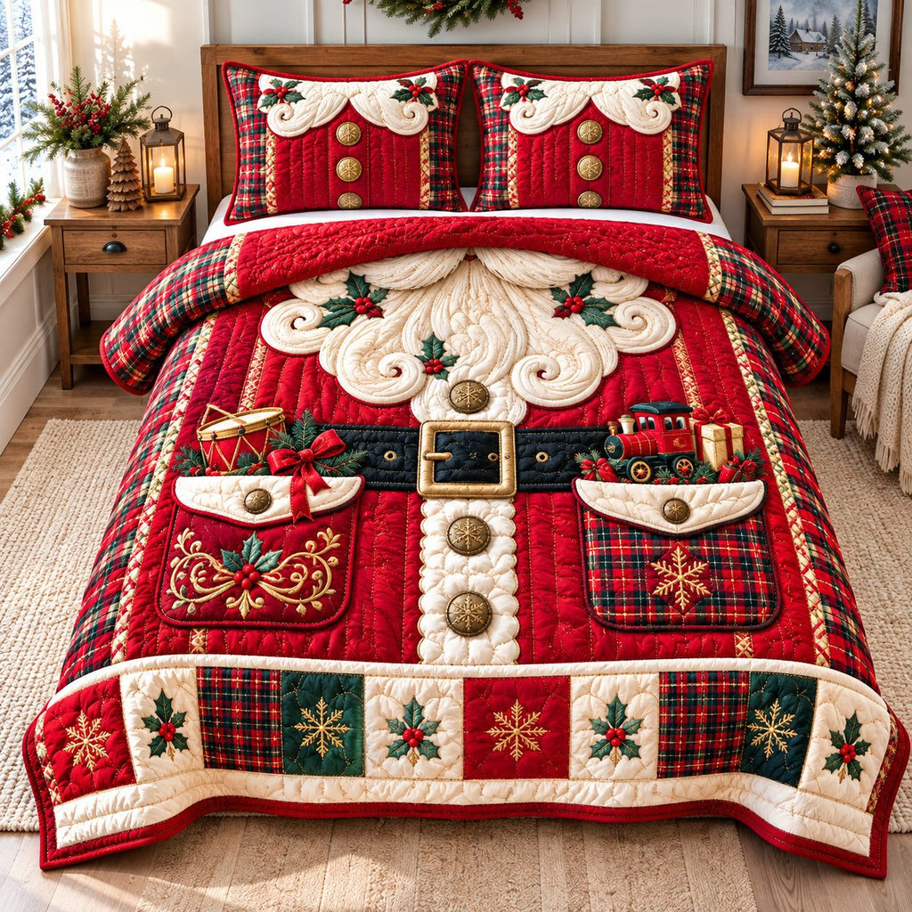 Santa Claus Traditions quilted 3-piece bedding set on a made bed in a winter-styled bedroom