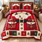 Santa Claus Traditions quilted 3-piece bedding set on a made bed in a winter-styled bedroom