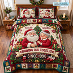Santa Couple 3-Piece Quilted Bedding Set QTCUZ quilted 3-piece bedding set on a made bed in a winter-styled bedroom