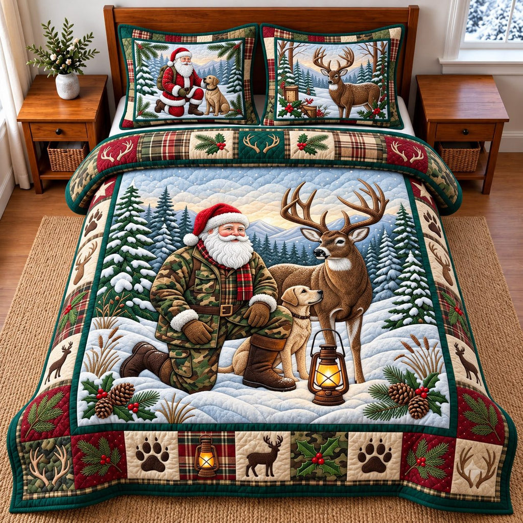 Santa Deer Hunt quilted 3-piece bedding set on a made bed in a winter-styled bedroom