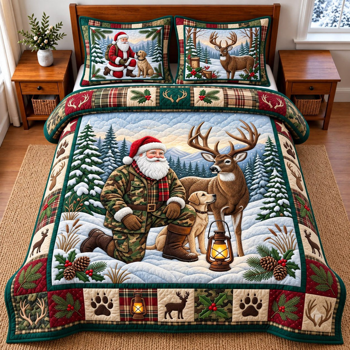 Santa Deer Hunt quilted 3-piece bedding set on a made bed in a winter-styled bedroom